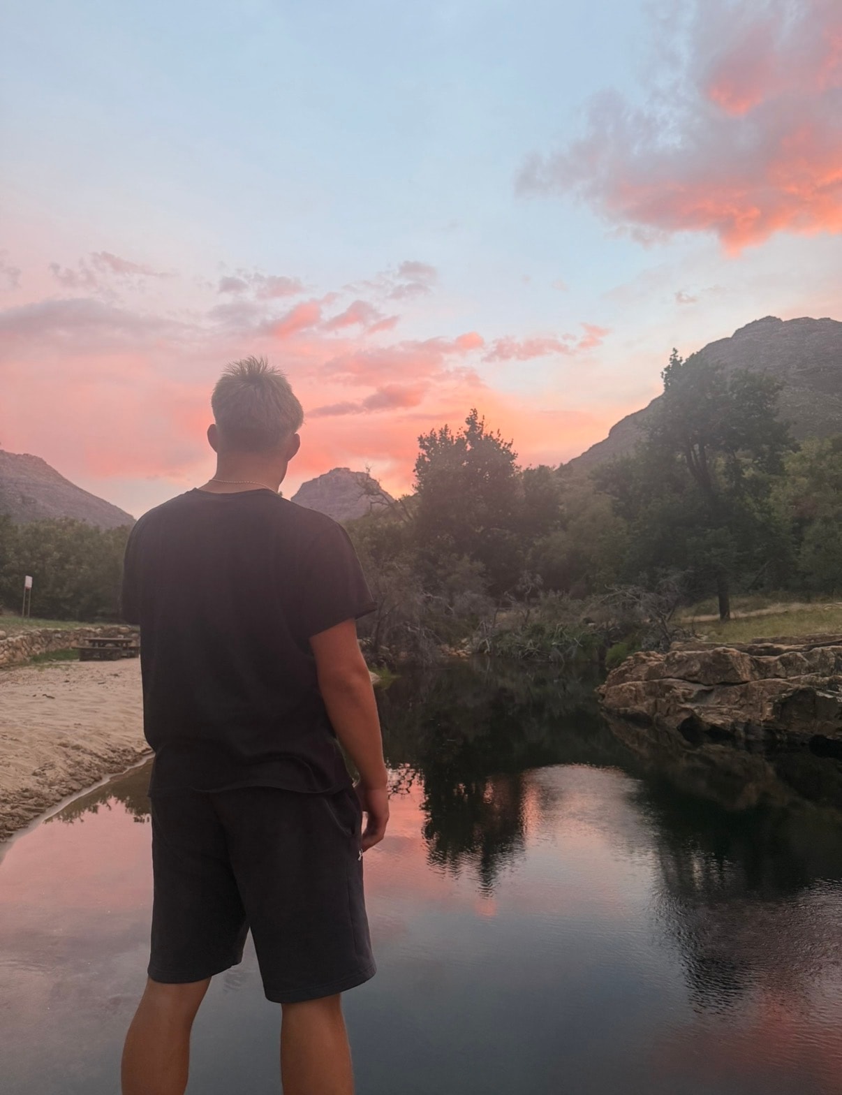 Sunset over mountain river