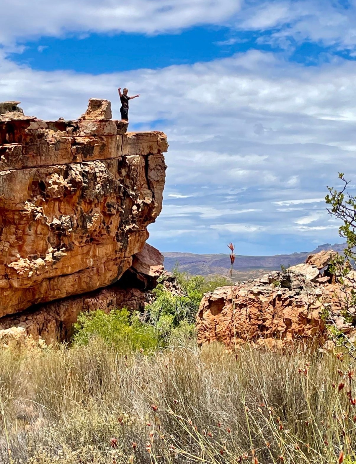 Person standing on rocky cliff top arms outstretched