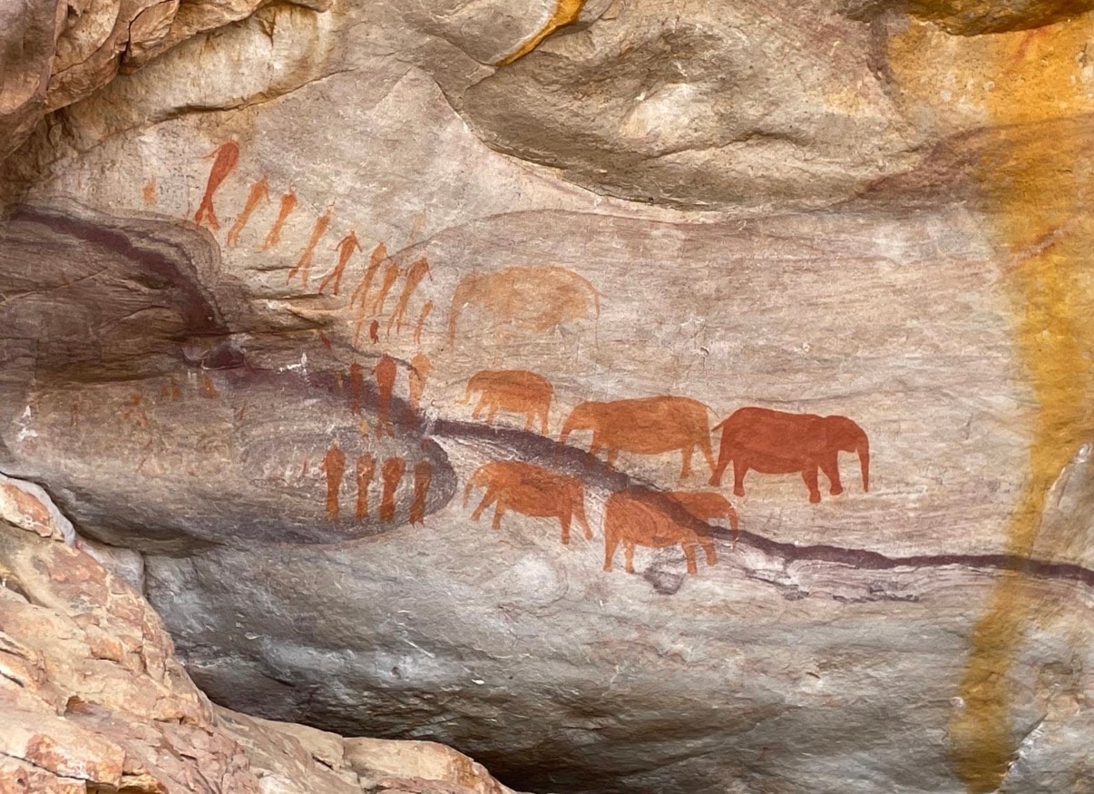 San Bushmen rock art depicting elephants and figures